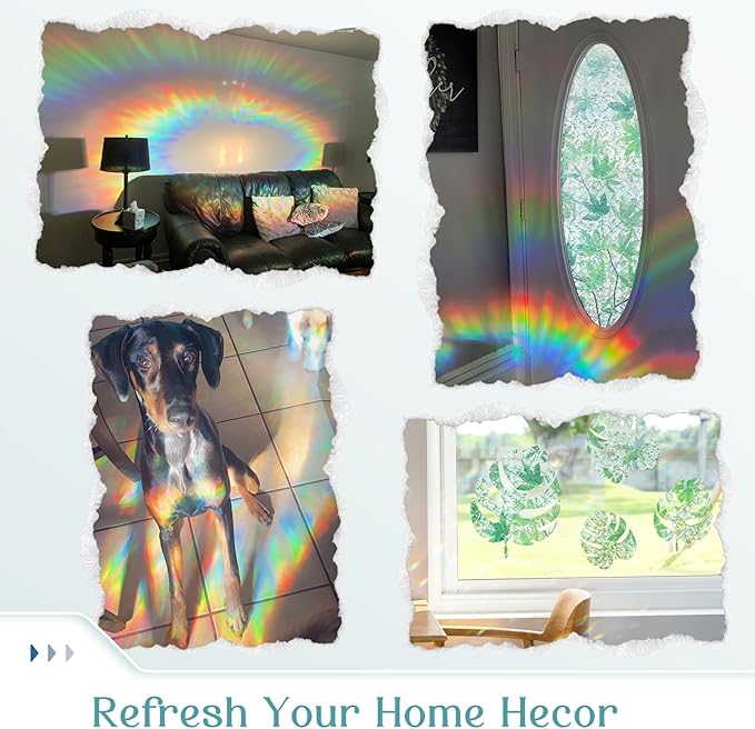 Haton Window Privacy Film, Decorative Stained Glass Window Clings, 3D UV Sun Blocking Sticker, Removable Static Cling Heat Control Tint for Home Door, Leaf Rainbow, 23.6" x 157.4" Non-Adhesive