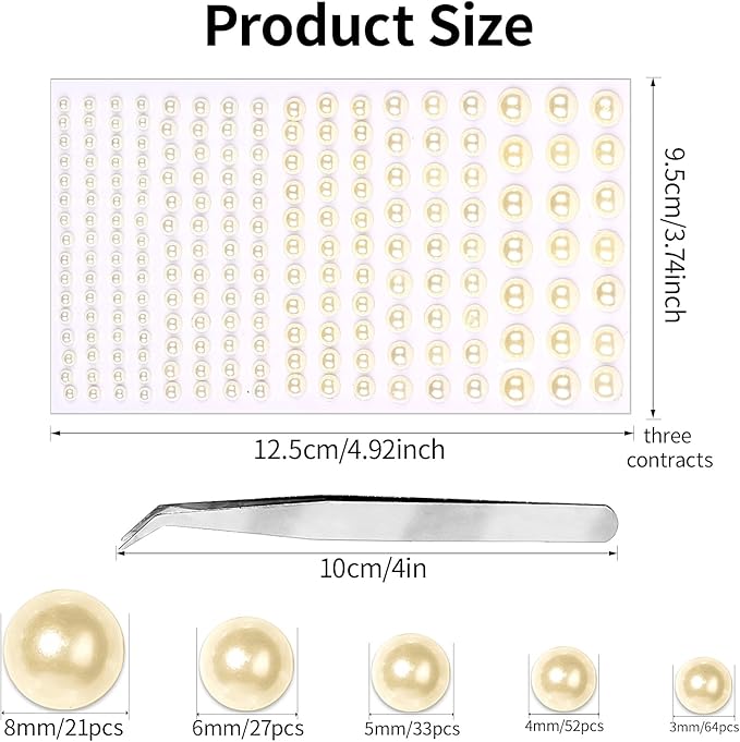 Self Adhesive Face Gems and Pearls for Makeup, Festival Jewels, Hair Gems Pearls, 3/4/5/6/8 mm Round Rhinestone Stickers for Face, Eye, Makeup, Body, Crafts 591Pcs (03_Beige Pearl)
