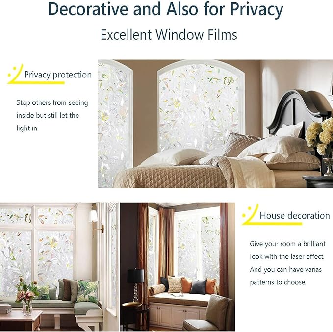 LEMON CLOUD Window Film, Decorative Window Privacy Film, 3D Stained Glass Window Sticker,Anti-UV Sun Blocker Heat Control for Home(Rainbow Tulip Design,45.2 x 78.7 inches)