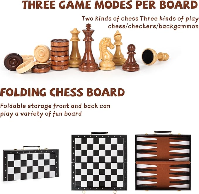 Chess Checkers Backgammon Set 3-in-1 Board Games Sets for Kids & Adults，15" Folding Magnetic Chess Set Leather Chess Board Strategy Game Portable Travel Chess Game with Magnetic Chess Pieces