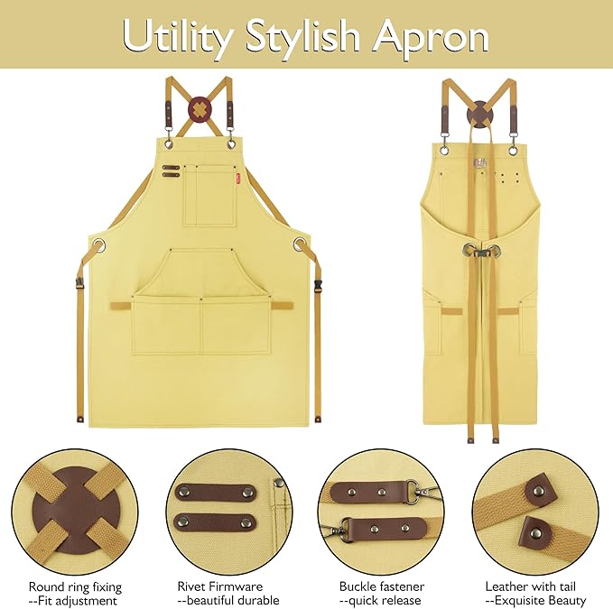 10 Pack Kitchen Apron, Work Apron, Canvas, Multiple Pockets, Gardening, Painting, BBQ, Artist, Carpenter, Sizes M to XXL, Amber