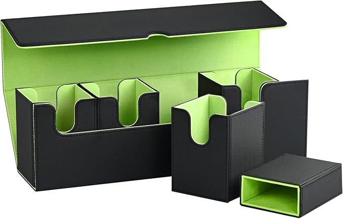Card Deck Box with Dice Tray for MTG, 5 in 1 Card Deck Case Holds 800+ Unsleeved Cards, Strong Magnet Organizer Compatible with Yugioh TCG Sports (Black Green)