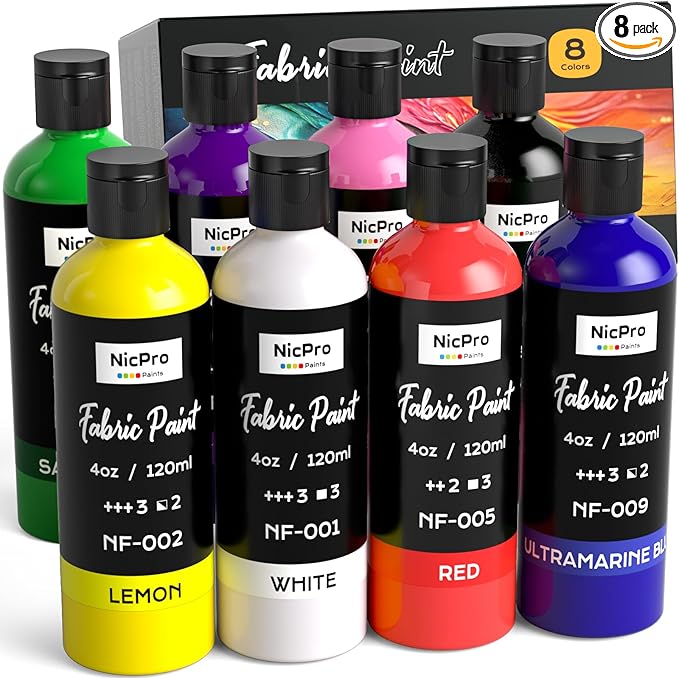 Nicpro 8 Colors Permanent Fabric Paint (4 oz, 120 ml) Soft Fabric Paint for Clothes, Non-Toxic Textile Paint for Fabric DIY Crafts, T-shirts, Shoes Jeans Bags Canvas for Adult with Color Wheel