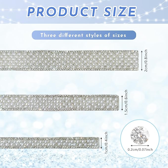 3 Rolls Pearl and Rhinestone Ribbon Self Adhesive,Pearls for Crafting,Bling Crystal Tape with Pearl Trim,DIY Rhinestone Stickers for Wedding, Party,Phone,Shoes,Crafts Decoration