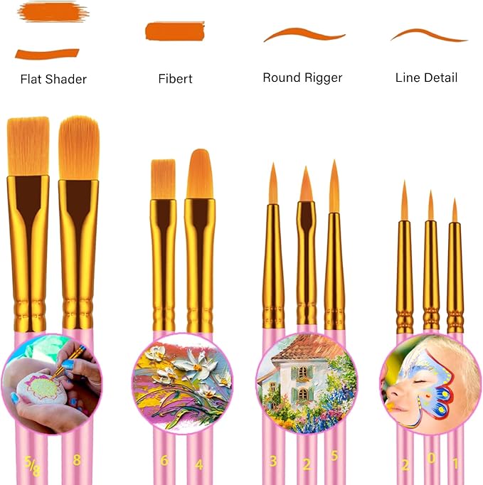 Paint Brushes Set, 60 Pcs Paint Brushes for Acrylic Painting, Oil Watercolor Acrylic Paint Brush, Artist Paintbrushes for Body Face Rock Canvas, Kids Adult Drawing Arts Crafts Supplies, Pink