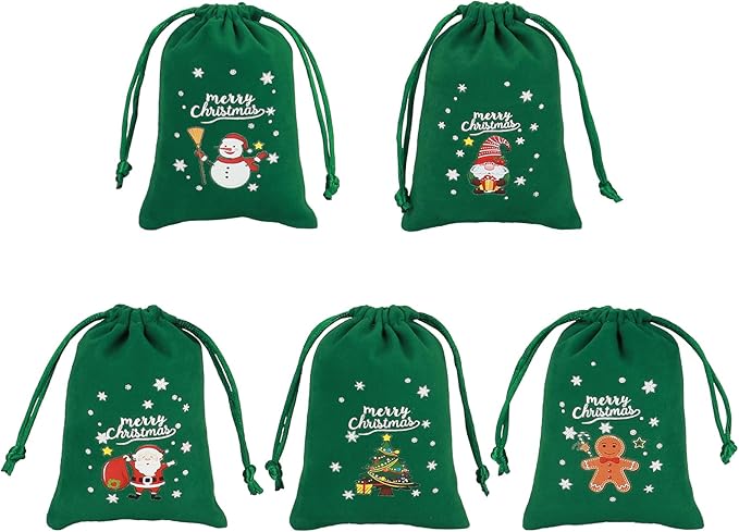 Tapleap Christmas Bags with Drawstring - 50Pcs 3x4 Green Velvet Coth for Wrapping Christmas Party Favors or Gifts for Friends, Children, Customers