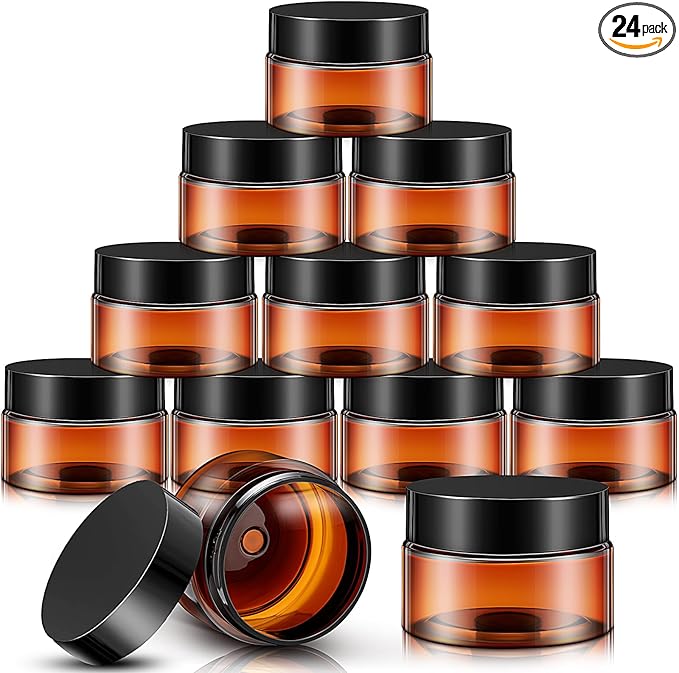 SATINIOR 24 Pieces Empty Clear Plastic Jars with Lids Round Storage Containers Wide Mouth for Beauty Product Cosmetic Cream Lotion Liquid Butter Craft and Food(Amber Lid,32 oz)
