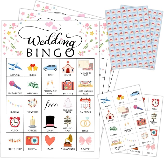 Wedding Party Bingo Game Cards(24 Players), Bridal Shower Bingo Card for Family Friend Adult, Large Group Holiday Engagement Party Activity Favor Decoration Supplies -001