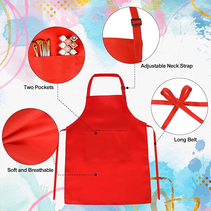 PLULON 6 Pcs Kids Apron Set Adjustable Children Art Apron with 2 Pockets Artist Apron Bulk for Baking Painting Cooking Activity - 6 Colors