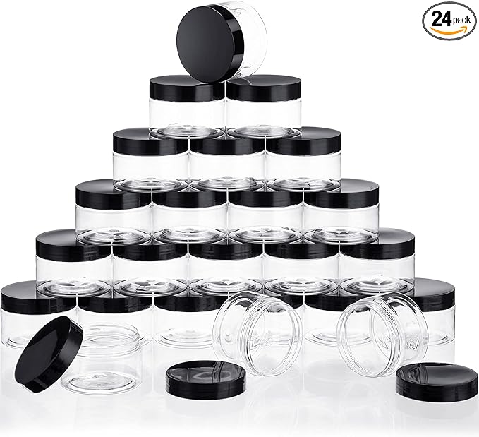 SATINIOR 24 Pieces Empty Clear Plastic Jars with Lids Round Storage Containers Wide Mouth for Beauty Product Cosmetic Cream Lotion Liquid Butter Craft and Food(Black Lid,12 oz)