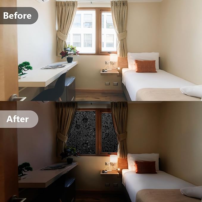 LEMON CLOUD Total Blackout Window Film Privacy Static Cling Frosted Black Window Covering 100% Opaque Film Tint Darkening Removable Film for High Privacy，(Blackout Tulip Design,35.4 x78.7 inches)