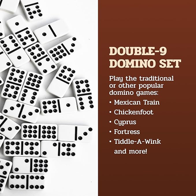 Alex Cramer The Nines Double 9 Domino Set. American-Made Solid Walnut Case Holds Our 55-Piece Set of Dominoes (Double Nine Domino Set for Adults)