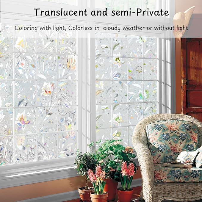 NINETREX Window Privacy Film,3D Stained Glass Window Film,Decorative Window Covering Sun Blocking Vinyl Static Cling Anti-UV Heat Control for Home Decor,Tulip 35.4 x 157.4inch