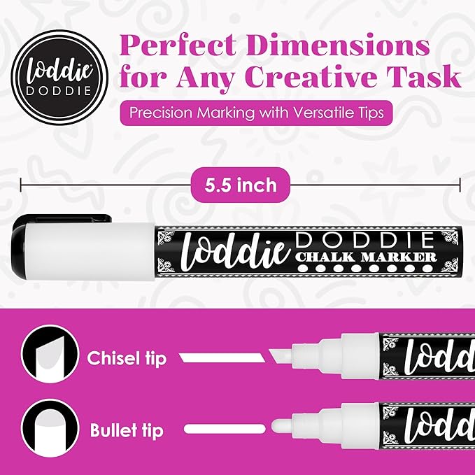 Loddie Doddie Liquid Chalk Markers - Pack of 4, White, 6mm Tip - Versatile on Glass & Mirrors with Glass Markers - Dual Bullet & Chisel Tip with Chalk Pens - Non-Toxic Quick Erase with Window Paint