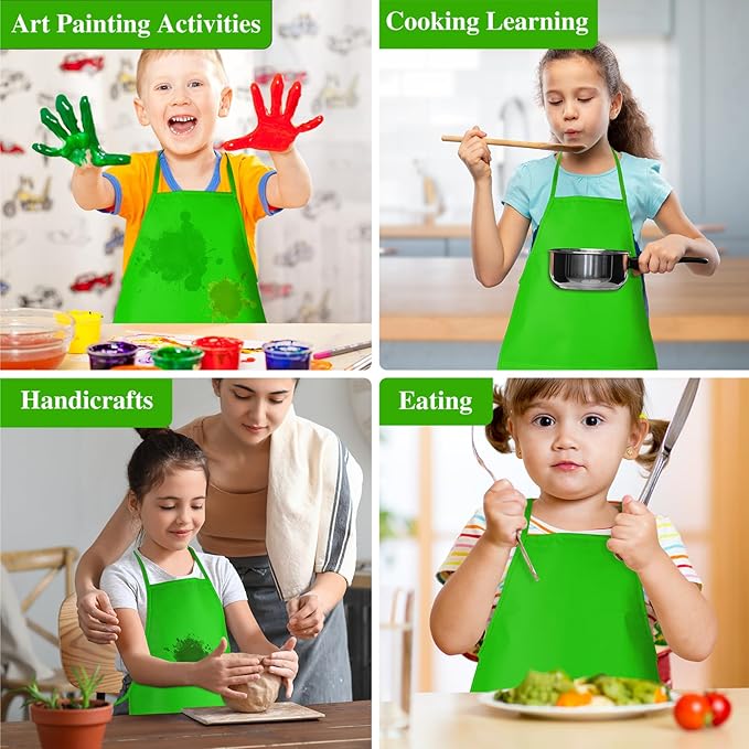 12 Pieces Green Kids Painting Aprons With 2 Roomy Pockets for Art, Activity, Kitchen, and Crafts