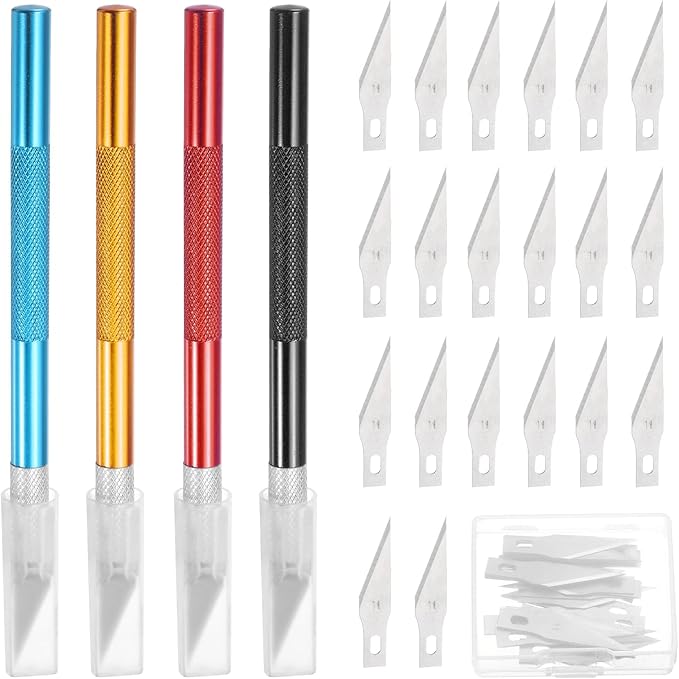 MECCANIXITY 4 Pcs Exacto Knife, Craft Hobby Knife with 40 Exacto Blades(#11) Profession Craft Knives for Crafting, Modeling, Scrapbooking (Red, Gold, Blue, Black)