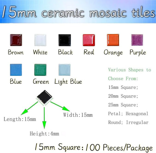 100 Pieces Ceramic Mosaic Tiles 3/5" Square Shapes Mosaic Ceramic Pieces Stained Ceramic Tiles Supplies for Crafts Beginner Mosaic Project Stepping Stones Mosaic Birdhouse Decor - Black