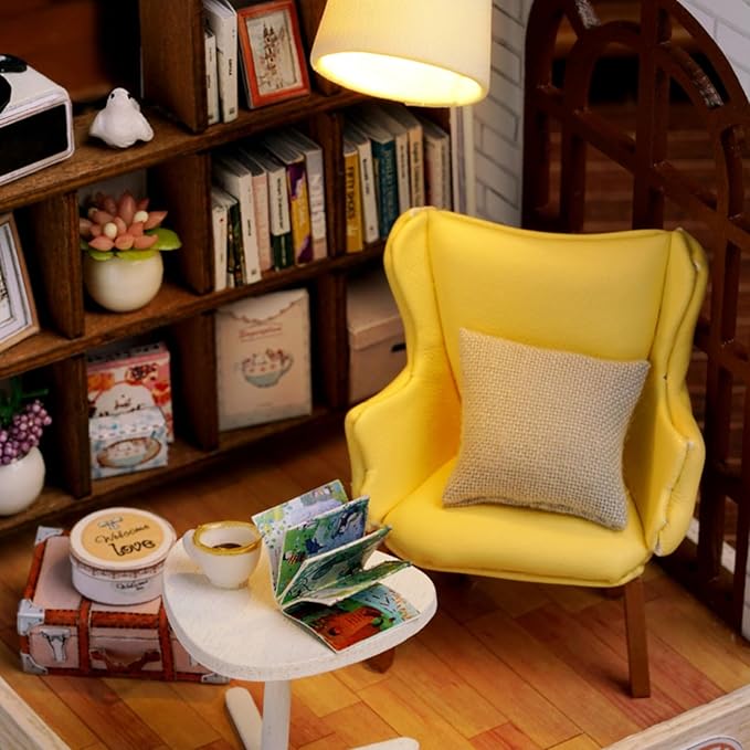 DIY Miniature House Kit, Mini House Building Kit with LED & Dust Cover, DIY Wooden Dollhouse Miniature Kit for Adults Teen, Wooden Crafts Lovely Dollhouse Kit, Leisurely Moment