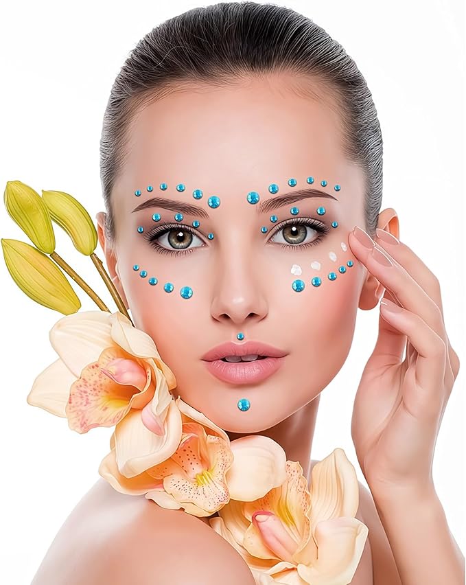 Self Adhesive Face Gems and Pearls for Makeup, Festival Jewels, Hair Gems Pearls, 3/4/5/6/8 mm Round Rhinestone Stickers for Face, Eye, Makeup, Body, Crafts 591Pcs (19_Aqua Blue)