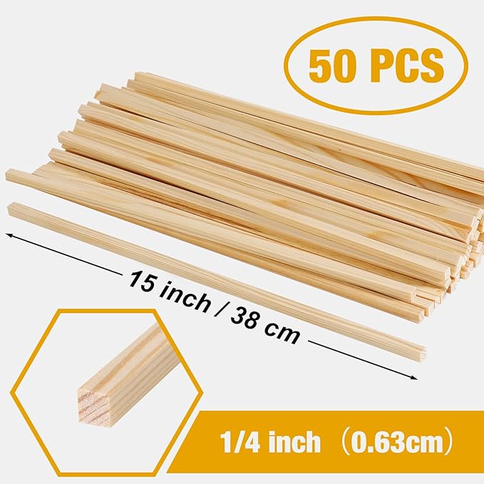 Square Wooden Dowels for Crafts 3/8" x 15", 25 PCS Square Wooden Sticks for Crafts, Wood Dowel Rods, Unfinished Pine Hard Wood Sticks for Crafting, Woodworking, Models Making, Dollhouses Miniatures