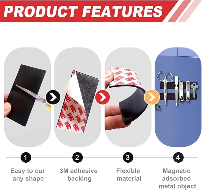 Thaibear Magnetic Strip, Flexible Magnetic Tape with Adhesive Backing (16 Pack, 3" x 1") Strong Adhesive Magnetic Strips for DIY, Crafts, Fridge - Sticky Magnet Tape Strip for Wall