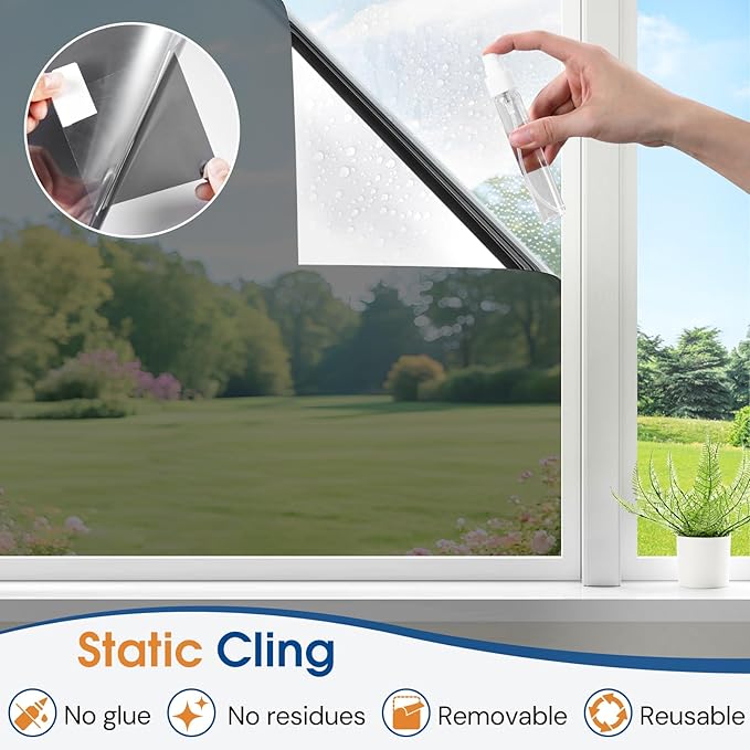 Homein One Way Privacy Window Film with Tool Window Tint for Home See Out Not in Heat Control Sun Blocking Mirror Reflective Anti UV Covering Static Cling No Glue Black-Sliver 23.6 x 157.4 inch