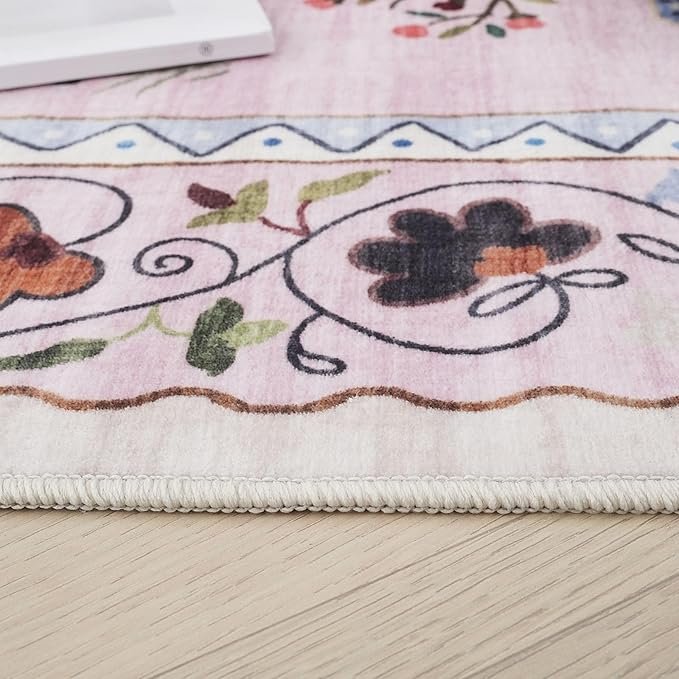 Rugcomf Round Rug 4ft Washable Circle Rug Non Slip Low Pile Boho Floral Animal Cat Small Circular Rug for Bedroom Bathroom Entryway Kids Room Office College Dorm, Pink