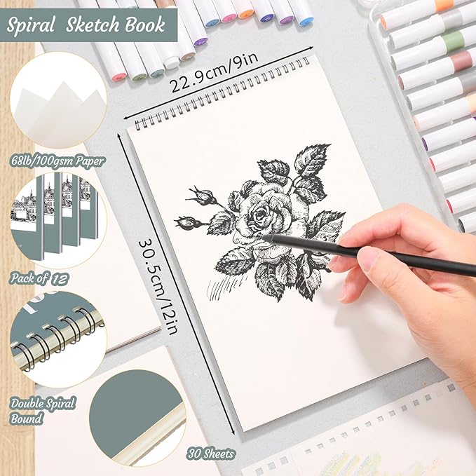 12 Pack Sketch Book, 9 x 12 Inch Sketchbook, 68lb/100gsm Top Spiral Bound Sketch Pad, Acid Free Art Supplies Drawing Painting Sketching Paper for Kids, Adults, Beginners, Artists (30 Sheets Each)