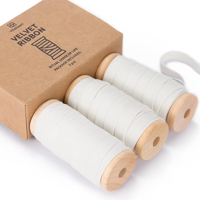 Vitalizart White Velvet Ribbon Set 3/8"" x 15 Yd Wooden Spool Fabric Trim 3 Rolls * 5 Yd for Christmas Wreath Decoration Handmade Craft Ornaments Gift Wrapping & Bow Making (Cream)