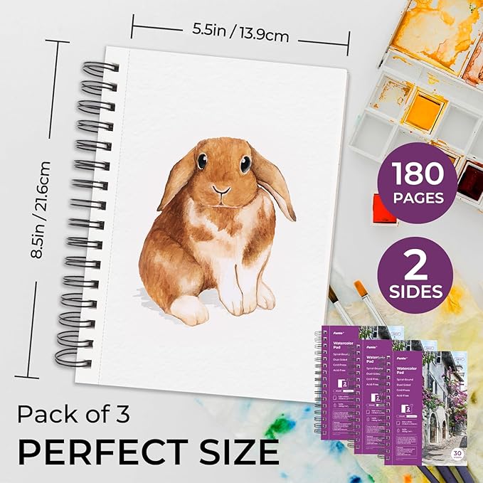 Funto Watercolor Pad 5.5x8.5, 3 Pack, 90 Sheets,140lb/300gsm, Double-Sided, Cold Press, Spiral Bound, Heavyweight Paper for Watercolor Painting