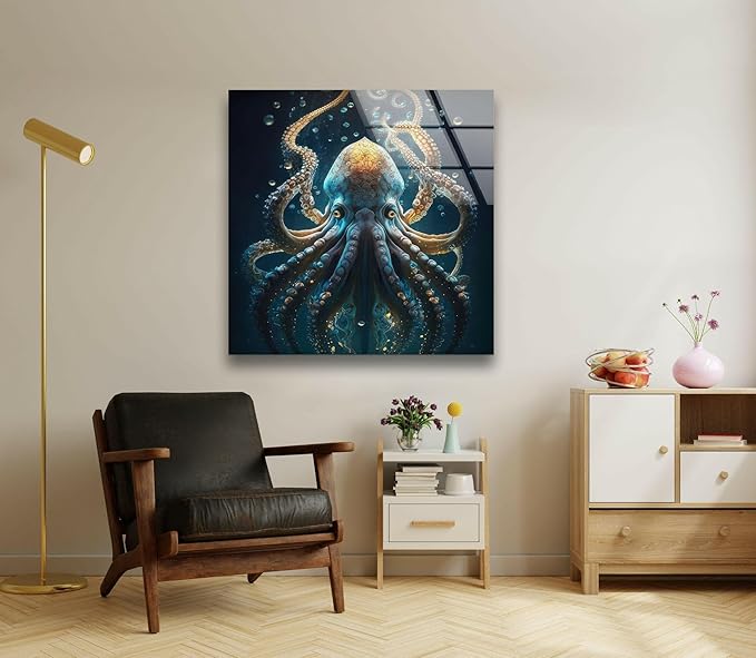 My Photostation.com Round 24'' Underwater Blue Octopus Glass Wall Art Tempered Glass Printing Wall Decor Large Wall Art Wall Hangings