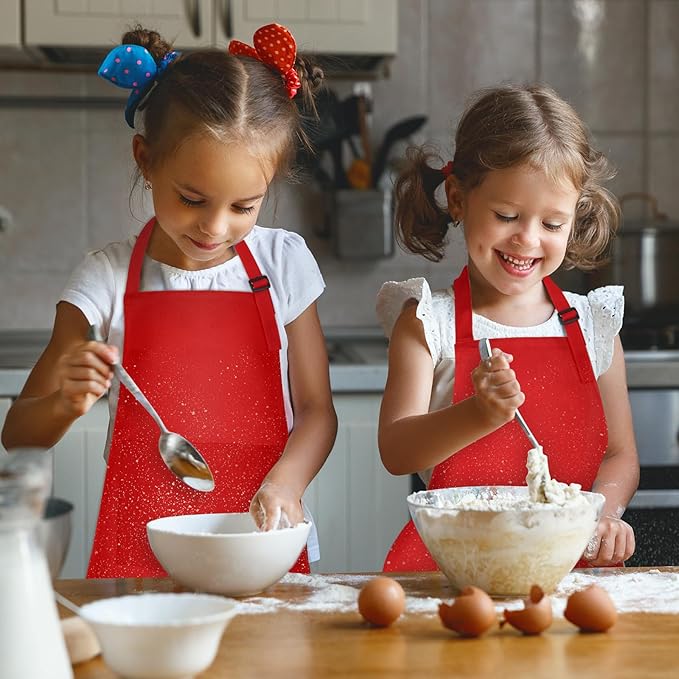 PLULON 6 Pcs Aprons for Kids Adjustable Kids Red Apron Bulk with Pocket Painting Aprons For Boys Girls Painting Cooking Baking (Red)