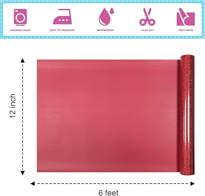 Red Glitter Heat Transfer Vinyl 12Inch*6FT Glitter Iron on Vinyl for T Shirts Easy to Cut and Weed Compatible with All Cutter Machines HTV Iron on Vinyl for Cricut(Red 12Inch*6FT)