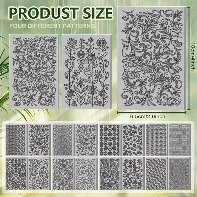 CHGCRAFT 16 Sheets Artistic Flowers Clay Texture Mat Geometric Pattern Polymer Clay Texture Sheets DIY Tools for Pottery Earring Jewelry Making Stamp Engraving Machines, 4x2.6inch