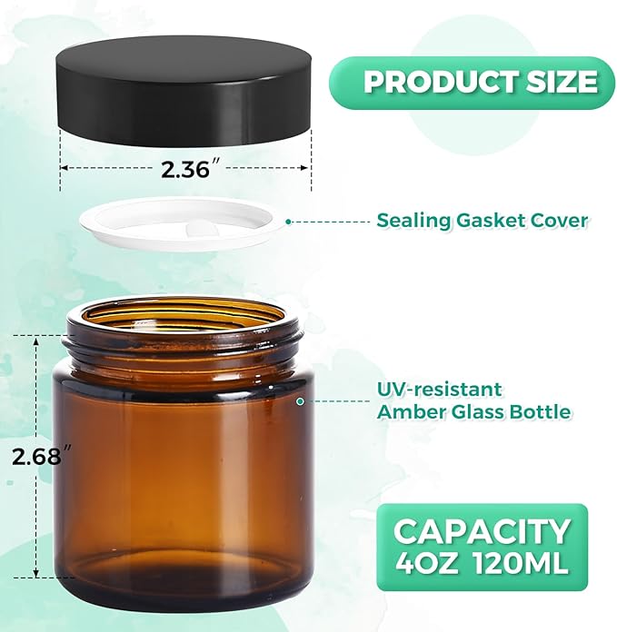 Amber Glass Jars with lids, 24 Pack 4oz Empty Cosmetic Jars, Refillable Airtight Wide Mouth Container for DIY, Sample, Cream, Lotion, Candle Making, Powder, Cosmetic