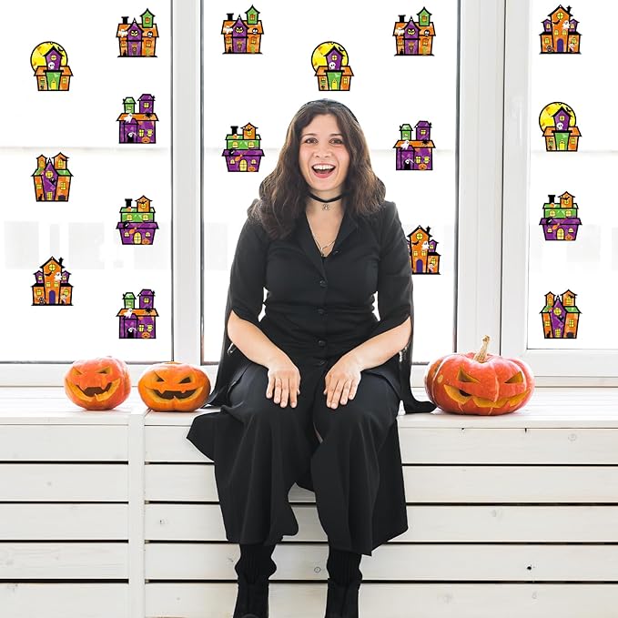 Renbuzhu 36PCS Halloweens Crafts Bulk: Haunted House Paper Suncatchers DIY Kit Party Activities Decorations, Window Stained Glass Effect Art Supplies