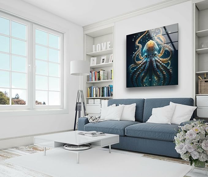 My Photostation.com 14Wx20H'' Underwater Blue Octopus Glass Wall Art Tempered Glass Printing Wall Decor Large Wall Art Wall Hangings