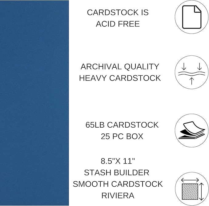 PA Paper Accents Stash Builder Cardstock 8.5" x 11" Riviera, 65lb Colored cardstock Paper for Card Making, Scrapbooking, Printing, Quilling and Crafts, 25 Piece Pack