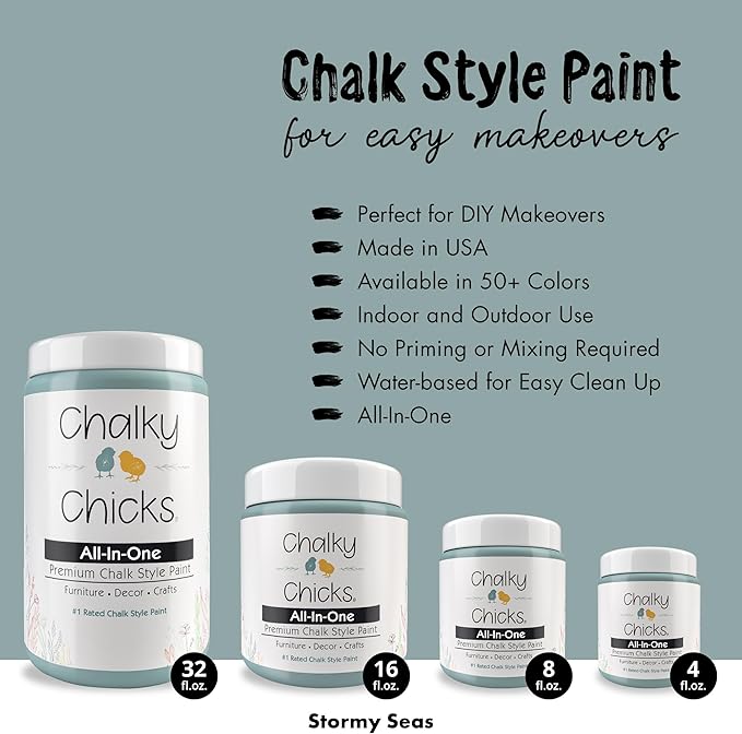 Chalky Chicks All-in-One Chalk Paint for Furniture or Cabinet - 4Fl Oz - Matte Finish Stormy Seas (Light Blue) for Metal, Wood Furniture Paint - No Sanding All-in-One for Home Decor & Crafts, USA Made