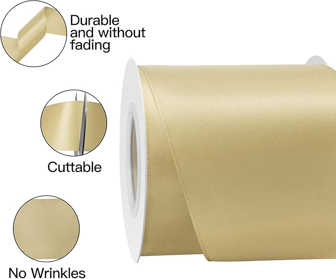 Champagne Gold Satin Ribbon 3 Inch X 15 Yards Solid Color Double Faced Ribbons Perfect for Crafts Wedding Decor Bow Making Arts Sewing and More