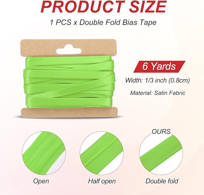 MECCANIXITY Double Fold Bias Tape for Sewing 1/3 Inch x 6 Yards Satin Pre-fold Continuous Binding Tape for Seaming Quilting Hemming Binding DIY Crafts, Green