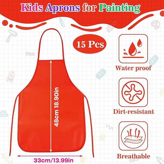 PLULON 15 Pcs Kids Apron Painting Aprons, Kids Aprons for Painting Red Apron Art Apron Smocks Bulk for Art Activity Craft Home Kitchen Classroom Party Supplies