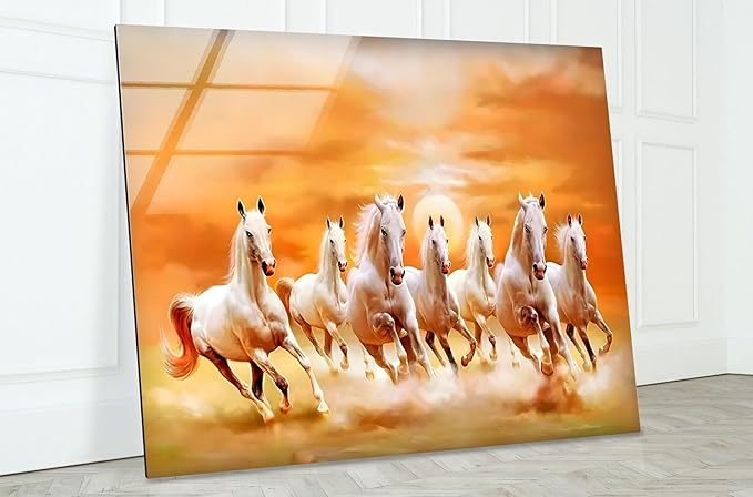 My Photostation.com 28Wx18H'' White Horses Running on Sunset Glass Wall ArtTempered Glass Printing Wall Decor Large Wall Art Wall Hangings