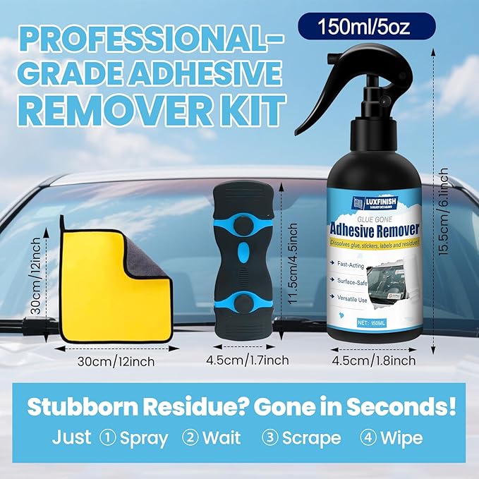 Powerful Adhesive Remover Spray - Safely and Easily Remove Glue Sticker Labels Decals Tape Residue from Car, Glass, Tile - Safe Non-Damaging Multi-Surface Formula with Scraper & Towel - 5oz/150ml