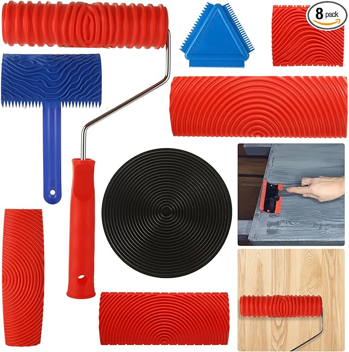 8 PCS Wood Grain Tool Set, 7" Textured Pattern Roller with Handle, Rubber Wood Graining Tool for Wall Floor Furniture Wood Pattern Art Decoration
