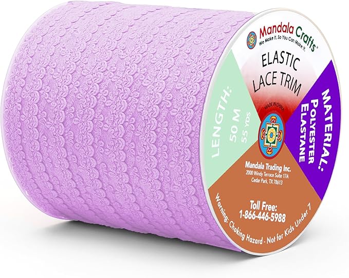 Mandala Crafts Lilac Stretch Lace Soft Elastic Trim Roll - 55 Yards 1 Inch Wide Stretchy Frilly Picot Ribbon for Sewing Lingerie, Headbands, Underwear, and Crafts