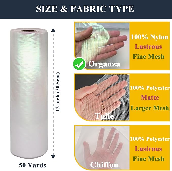 Organza Fabric Tulle Rolls 12 Inch 50 Yards (150 feet) Crystal Sheer Silky Shiny Netting Spool Bolt for DIY Craft Table Runner Wedding Baby Shower Decor Gift Wrapping Party Supplies (Iridescent White)