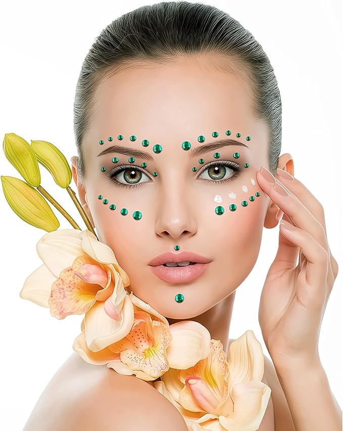 Self Adhesive Face Gems and Pearls for Makeup, Festival Jewels, Hair Gems Pearls, 3/4/5/6/8 mm Round Rhinestone Stickers for Face, Eye, Makeup, Body, Crafts 591Pcs (20_Dark Green)