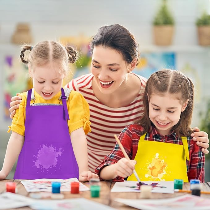 36 Pack Kids Apron bulk with 2 Pockets Adjustable Chef Art Apron Kids Painting Aprons for Cooking Baking Painting Crafting Grilling Activity（12 Color）