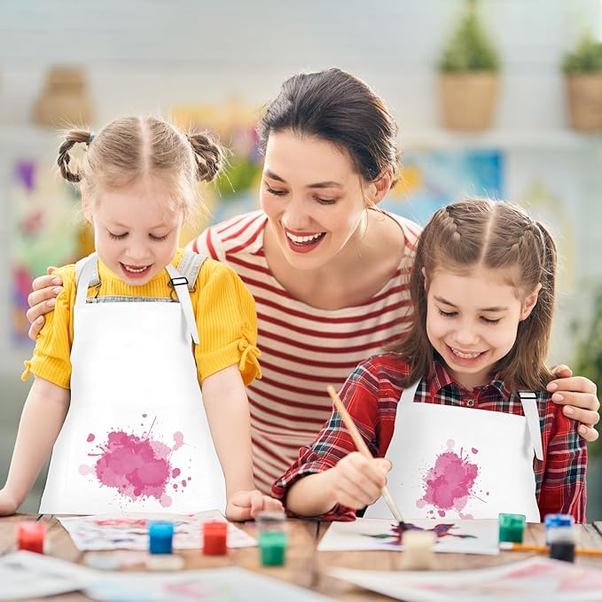 24 Pack Kids Apron bulk with 2 Pockets Adjustable Chef Art Apron Kids Painting Aprons for Cooking Baking Painting Crafting Grilling Activity（White）